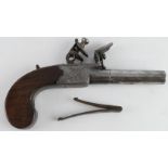 Flintlock pocket pistol marked 'Spencer' and 'London', drop down trigger, various proof marks