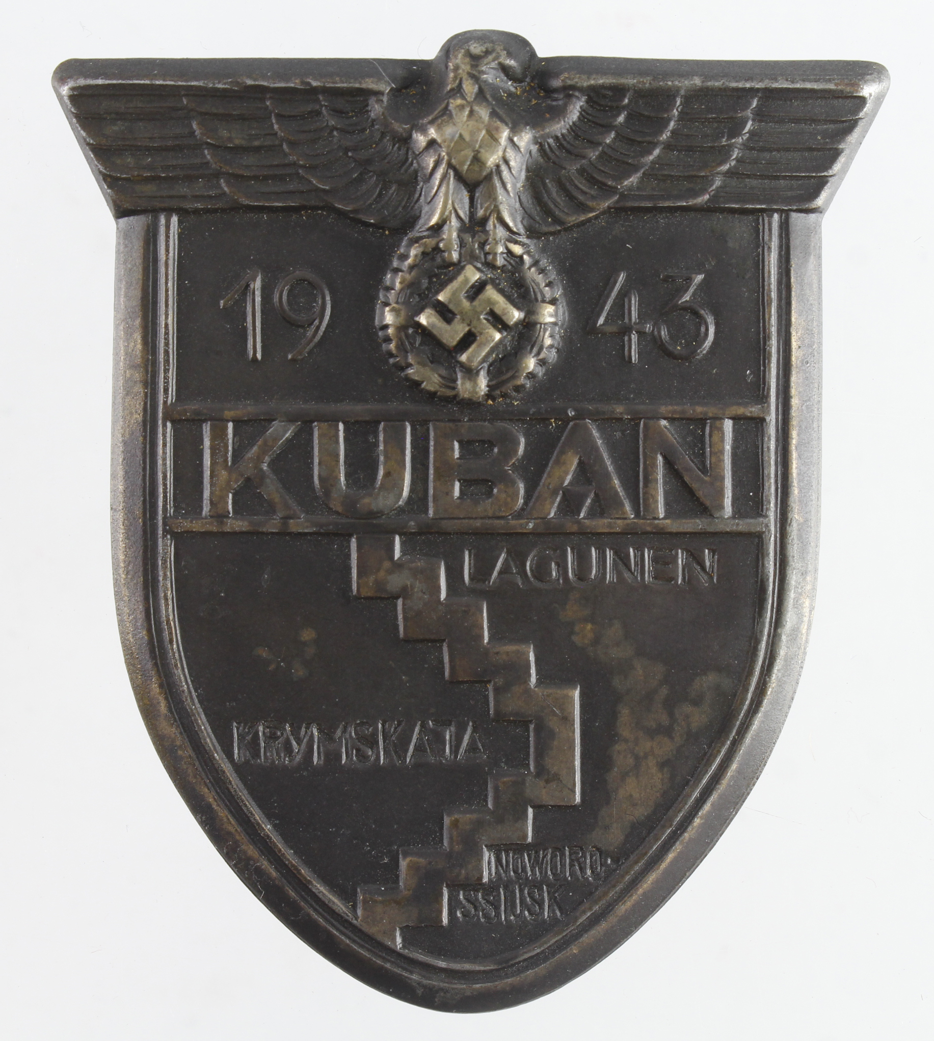 German Kuban 1943 arm shield, backing missing, all four hooks missing