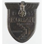 German Kuban 1943 arm shield, backing missing, all four hooks missing