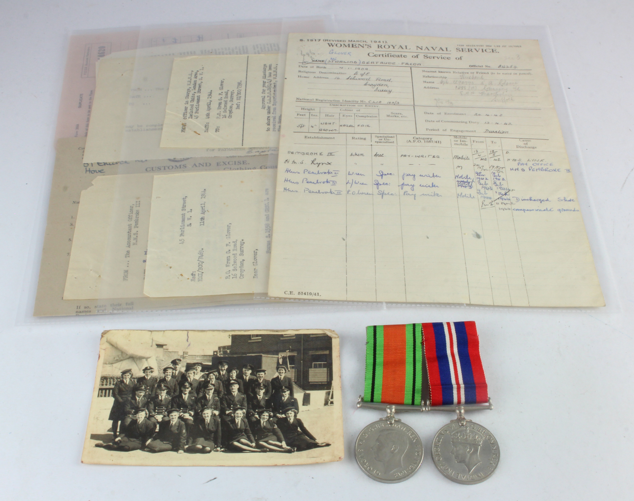 WW2 WENS group of documents Defence and War medals etc., to 34254 PO Gertrude Freda Clover