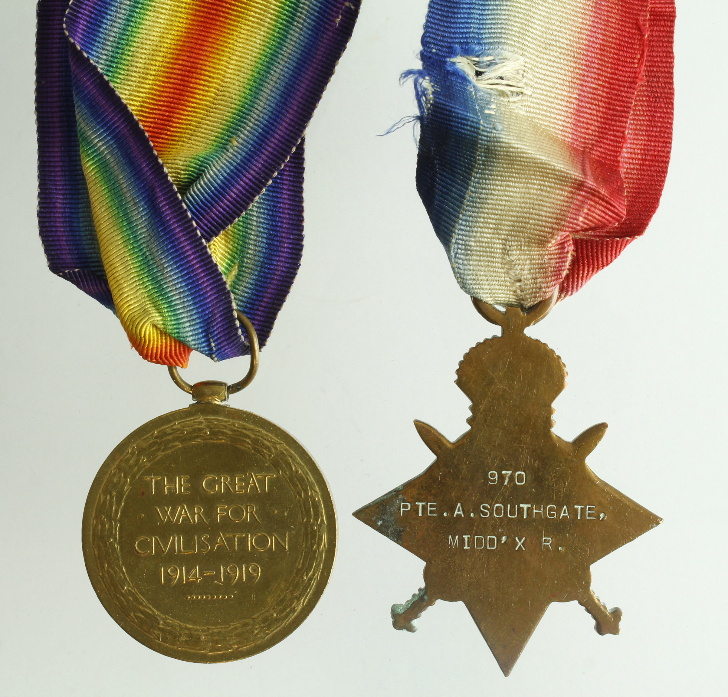 1915 Star & Victory Medal (970 Pte A Southgate Middx Regt) served 7th Bn. (2) - Image 2 of 2