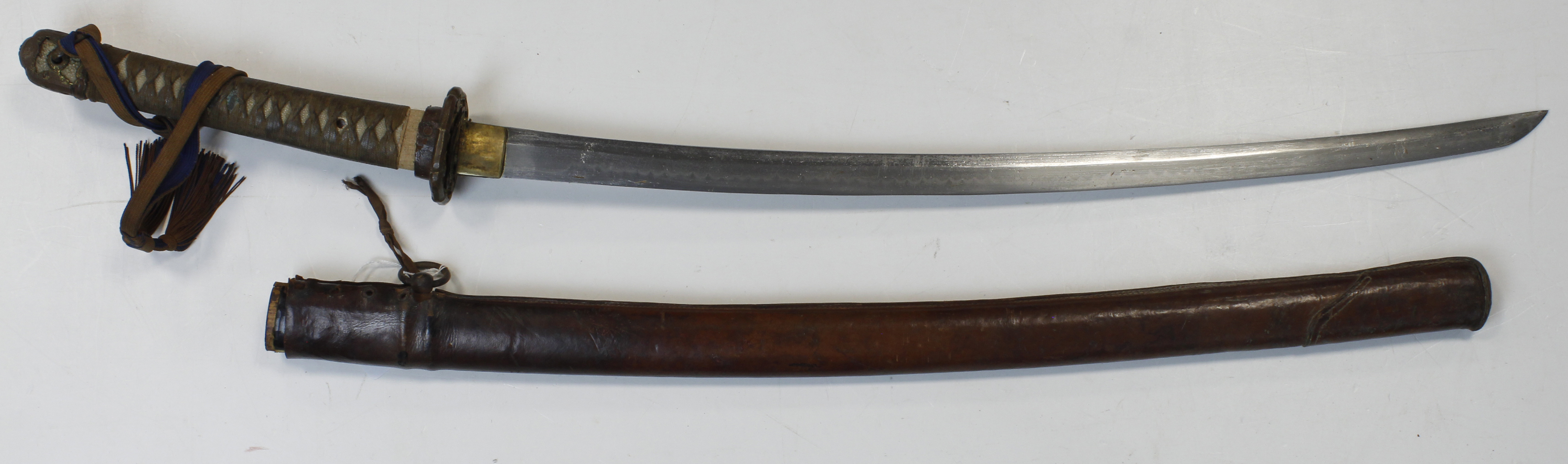 Japanese Sword with scabbard and leather cover, tang signed, blade approx 25"