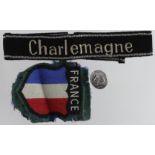 German Waffen SS button, French Arm Shield Bevo and Cuff band "Charlemagne".