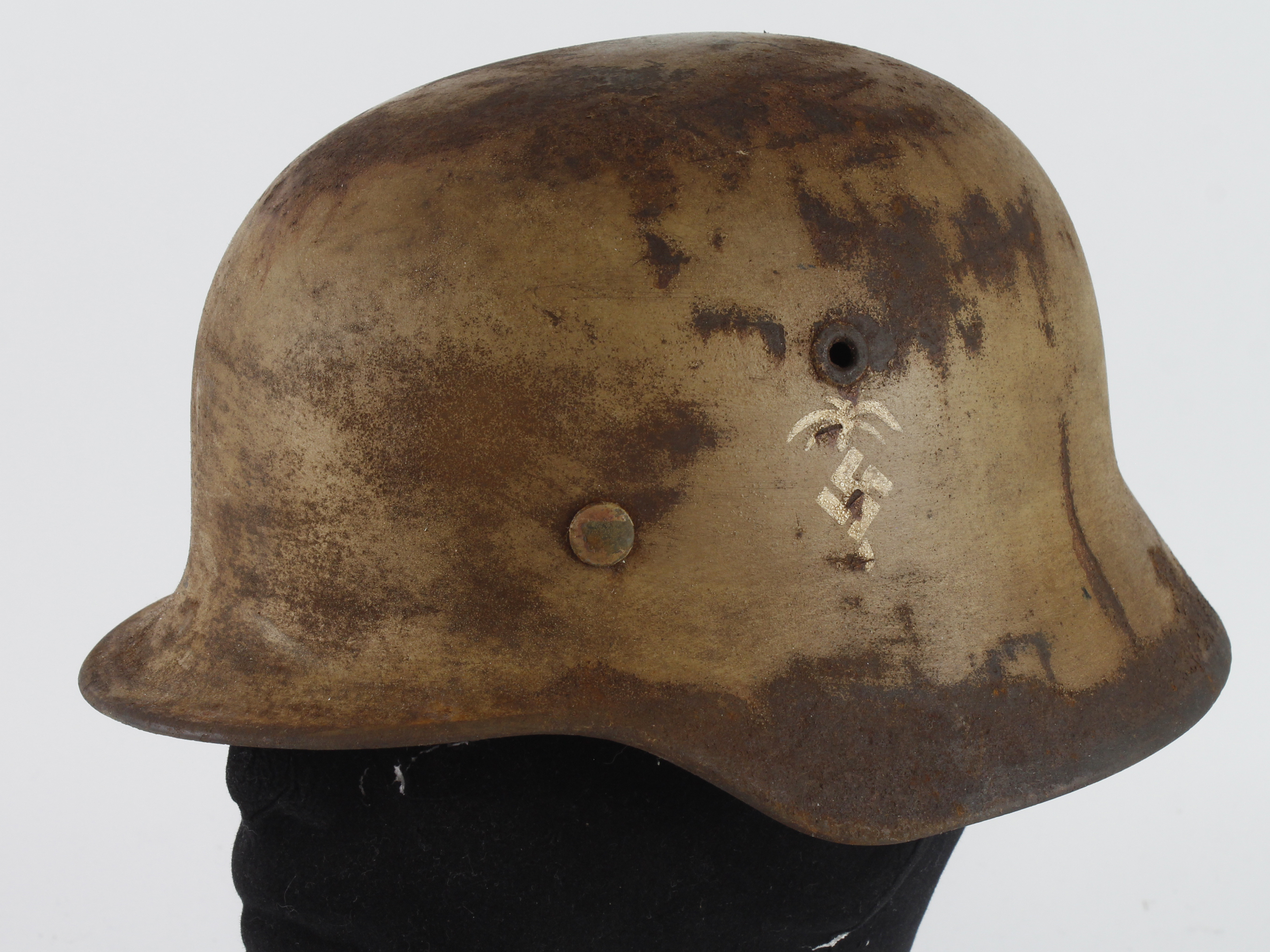 German Helmet with sand coloured comouflage, liner, no chinstrap, Africa Korps decal