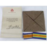 WW1 memorial plaque folder with kings condolence letter and unissued full length BWM & Victory medal