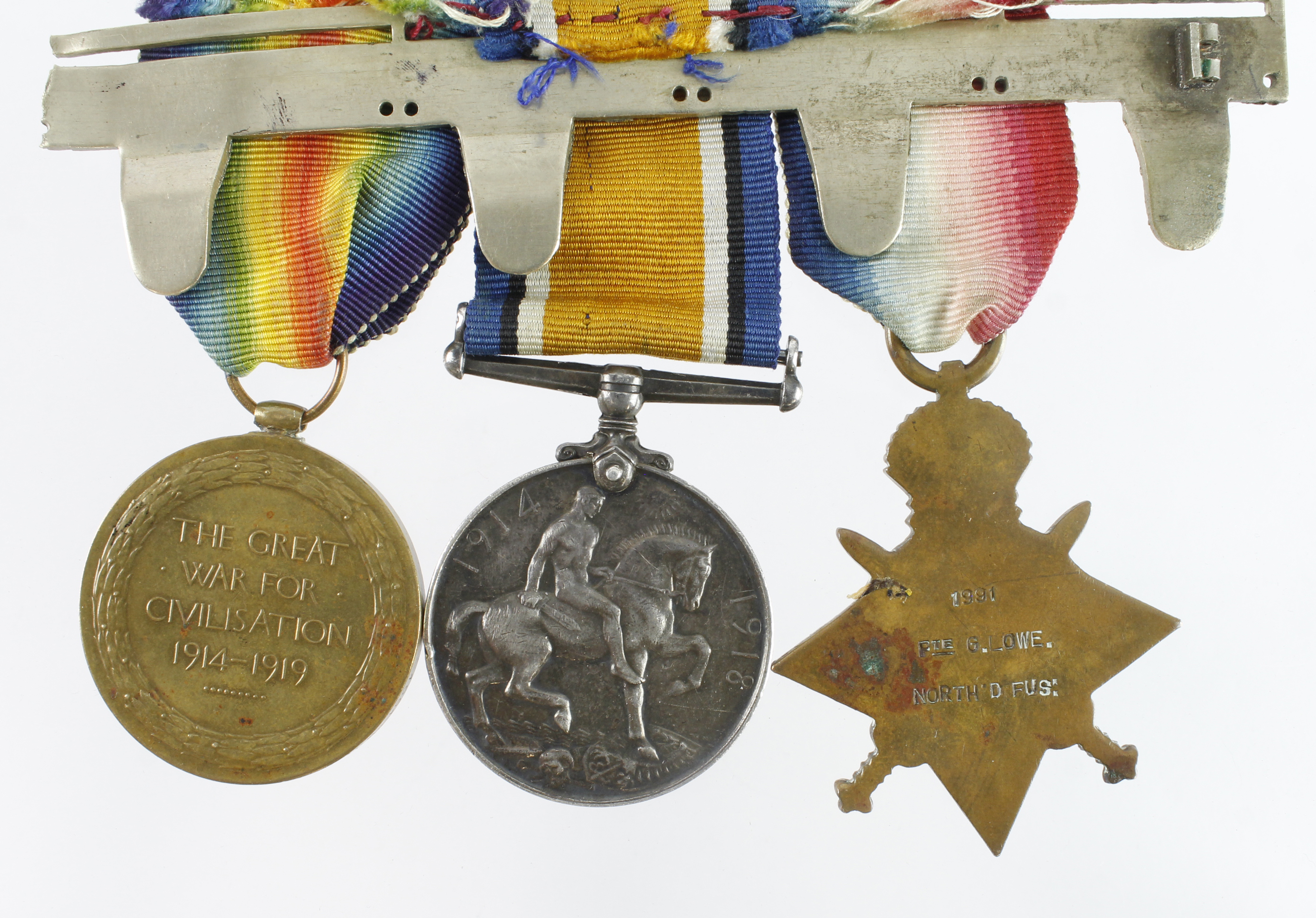 1915 Star Trio (1991 Pte G Lowe North'D Fus) Sjt on pair. Entitled to the Military Medal L/G 9/7/ - Image 2 of 2