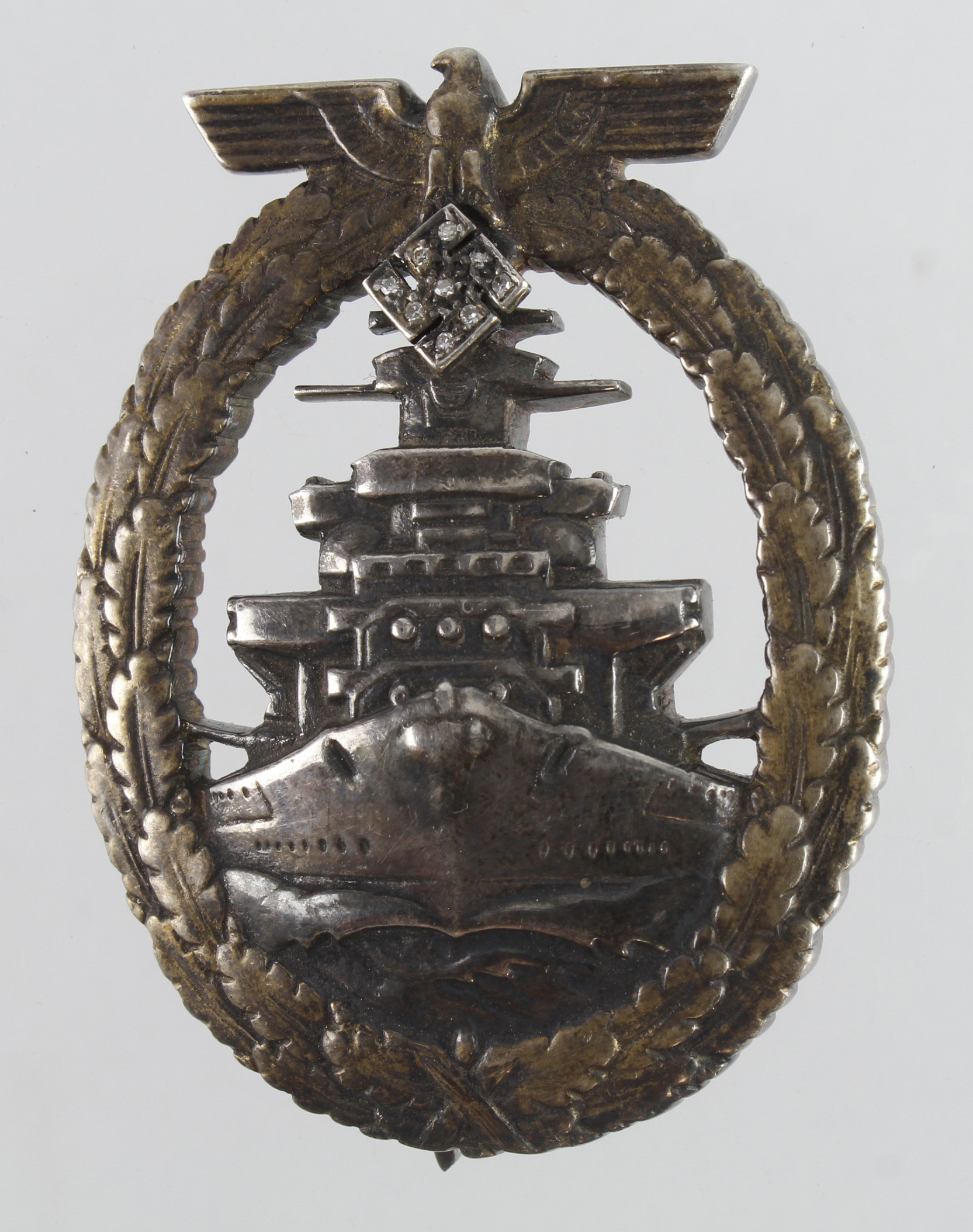 German Naval "800" silver High Seas Fleet Award with Diamond Swastika, maker marked Schwerin Berlin