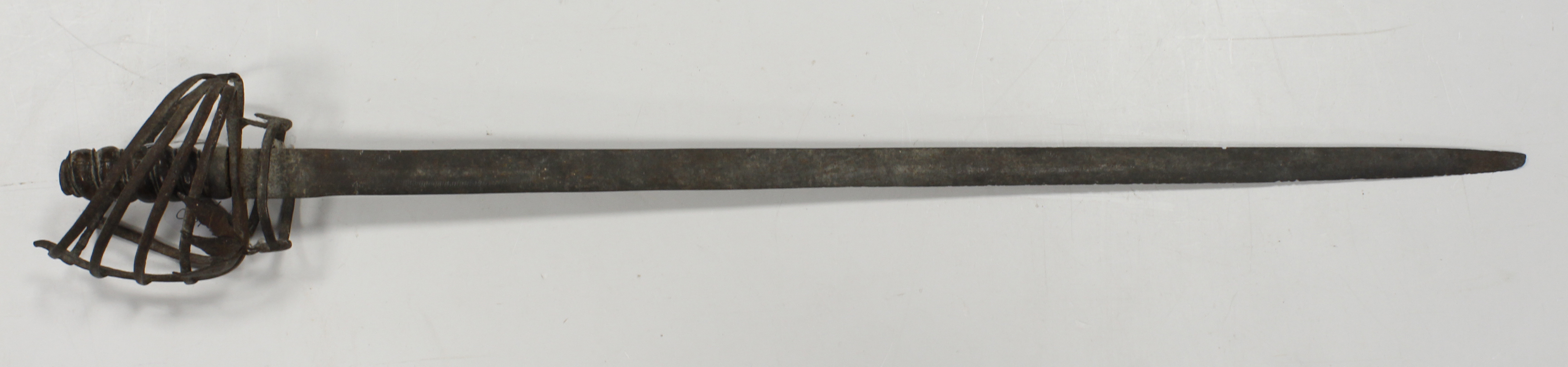 Near relic basket hilted sword, most likely Scottish, four bars to left and one to the right, latter