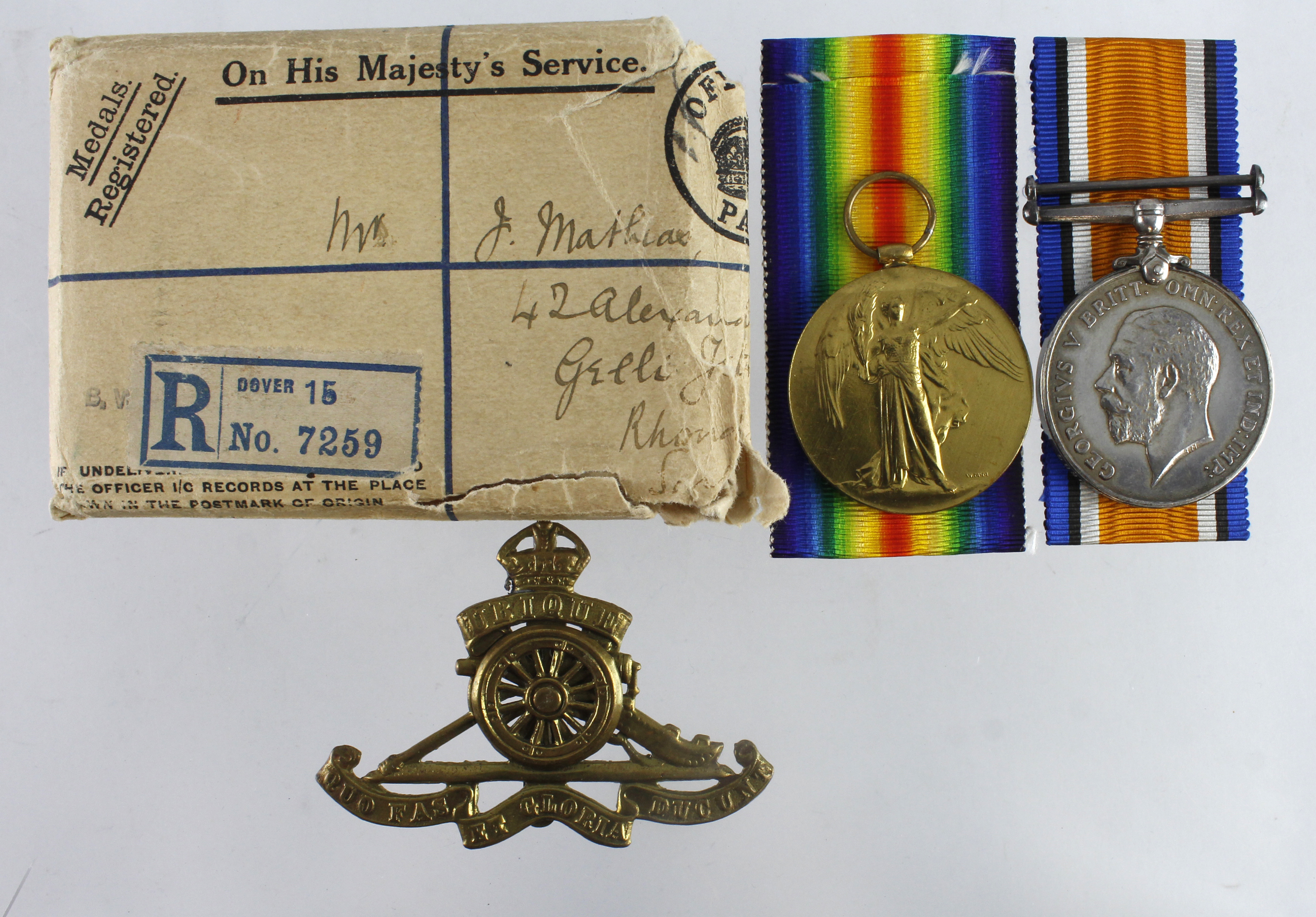 BWM & Victory Medal with medal packet of issue for (58960 Gnr J Mathias RA). Served 120 Hvy Bty. (