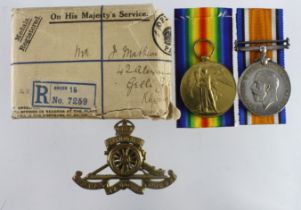 BWM & Victory Medal with medal packet of issue for (58960 Gnr J Mathias RA). Served 120 Hvy Bty. (