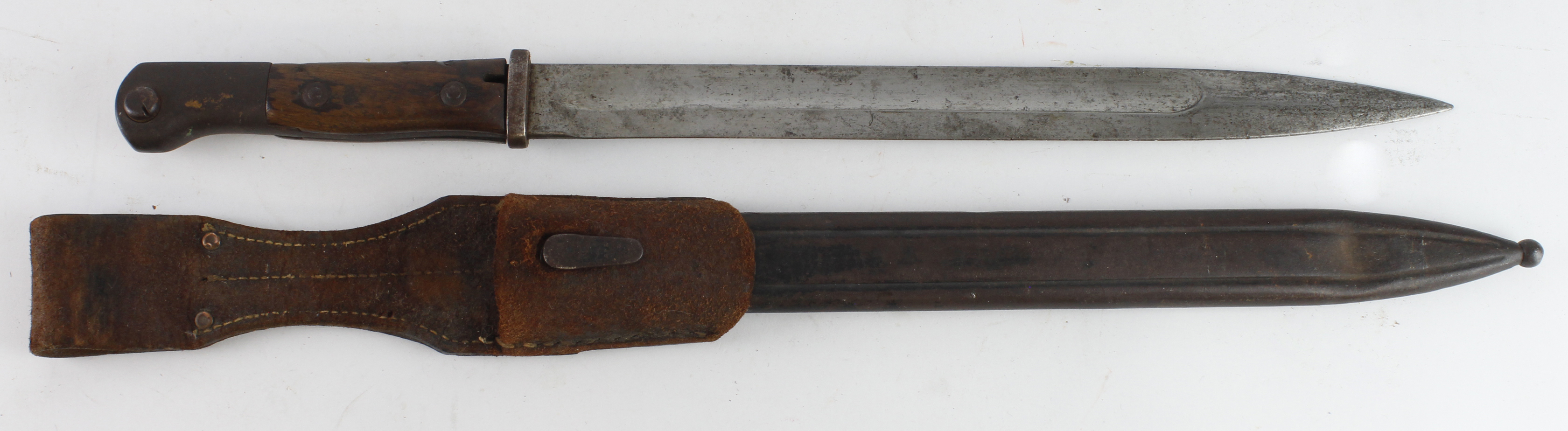 Imperial German M1914 bayonet, blade 12", in its fluted steel scabbard with leather frog, some