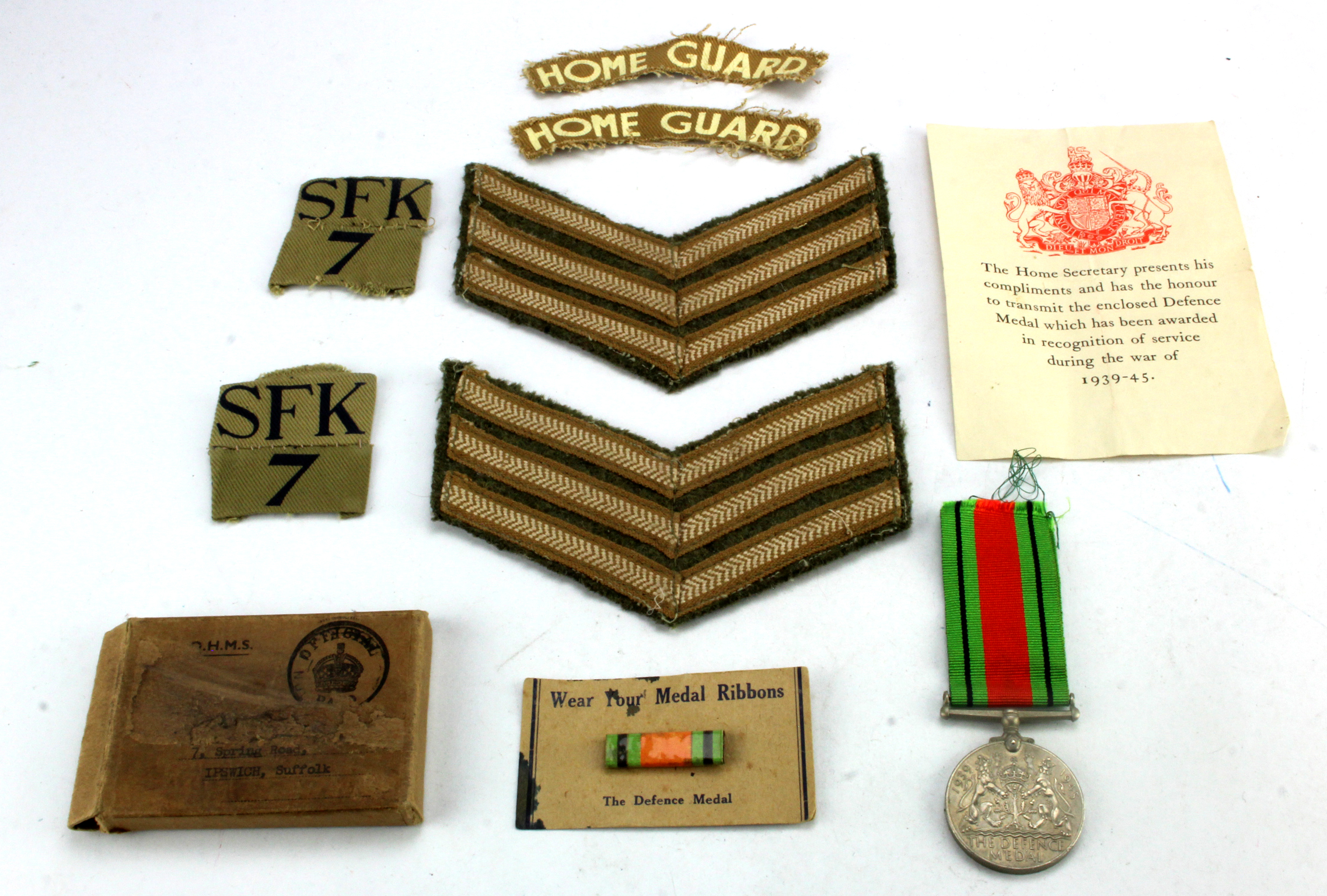 WW2 Home Guard 7th Suffolk titles div patches (SFK 7) and set of Sgt stripes as removed from