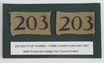 Cloth Badges: 203 South of Thames - Home Guard Special Forces Auxiliary Unit. Pair of WW2 printed