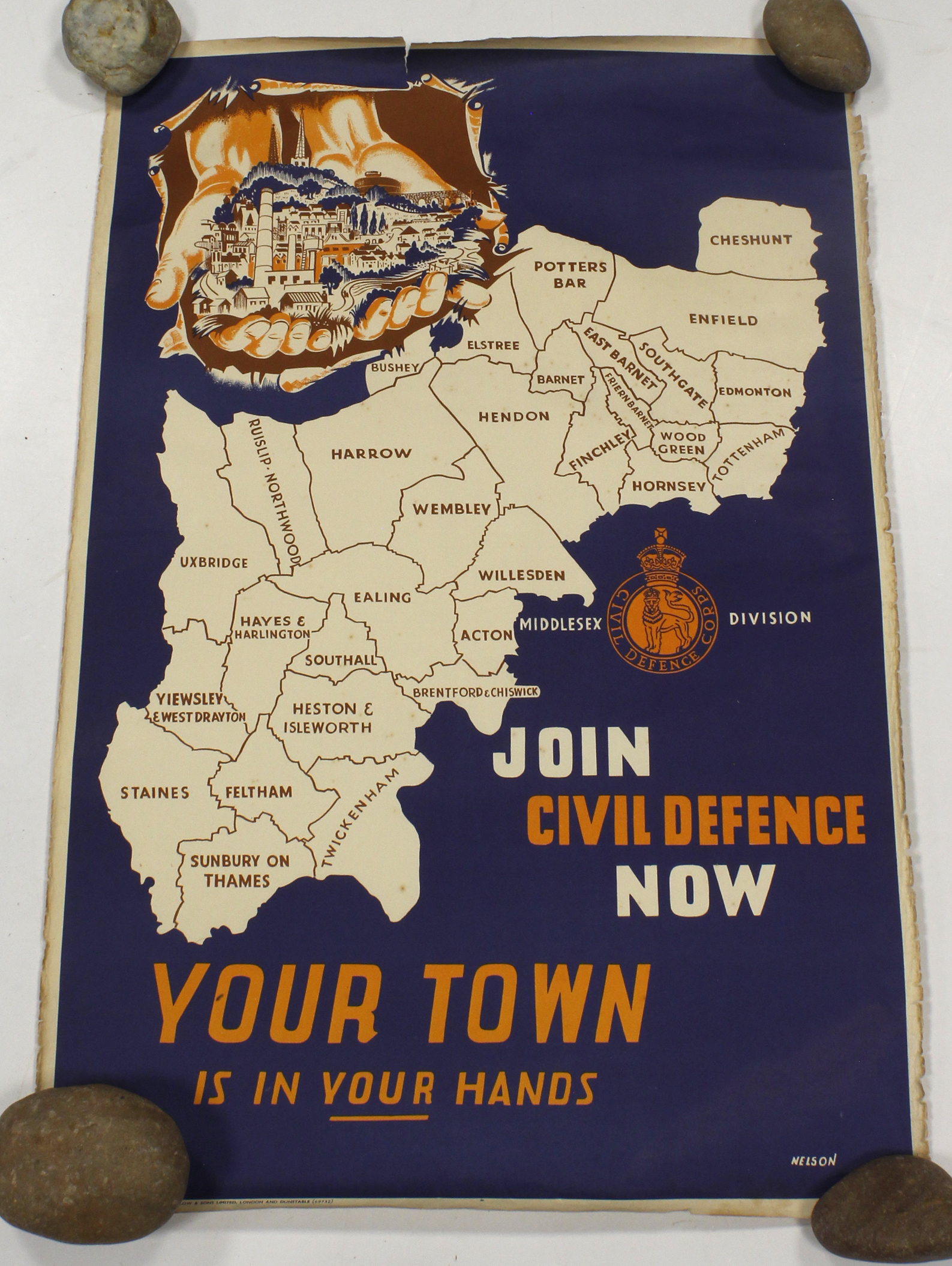 Home Front Poster Middlesex Division Civil Defence covering Cheshunt to Tottenham, Sunbury on