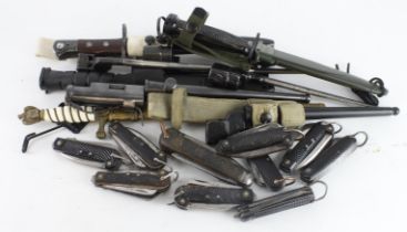 Box containing No5 Bayonet, German Navy Dagger, Sten Bayonet, 2x M16 bayonets plus qty of clasp