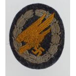 Germany from a one owner collection a Luftwaffe war badge for Paratroops, cloth.