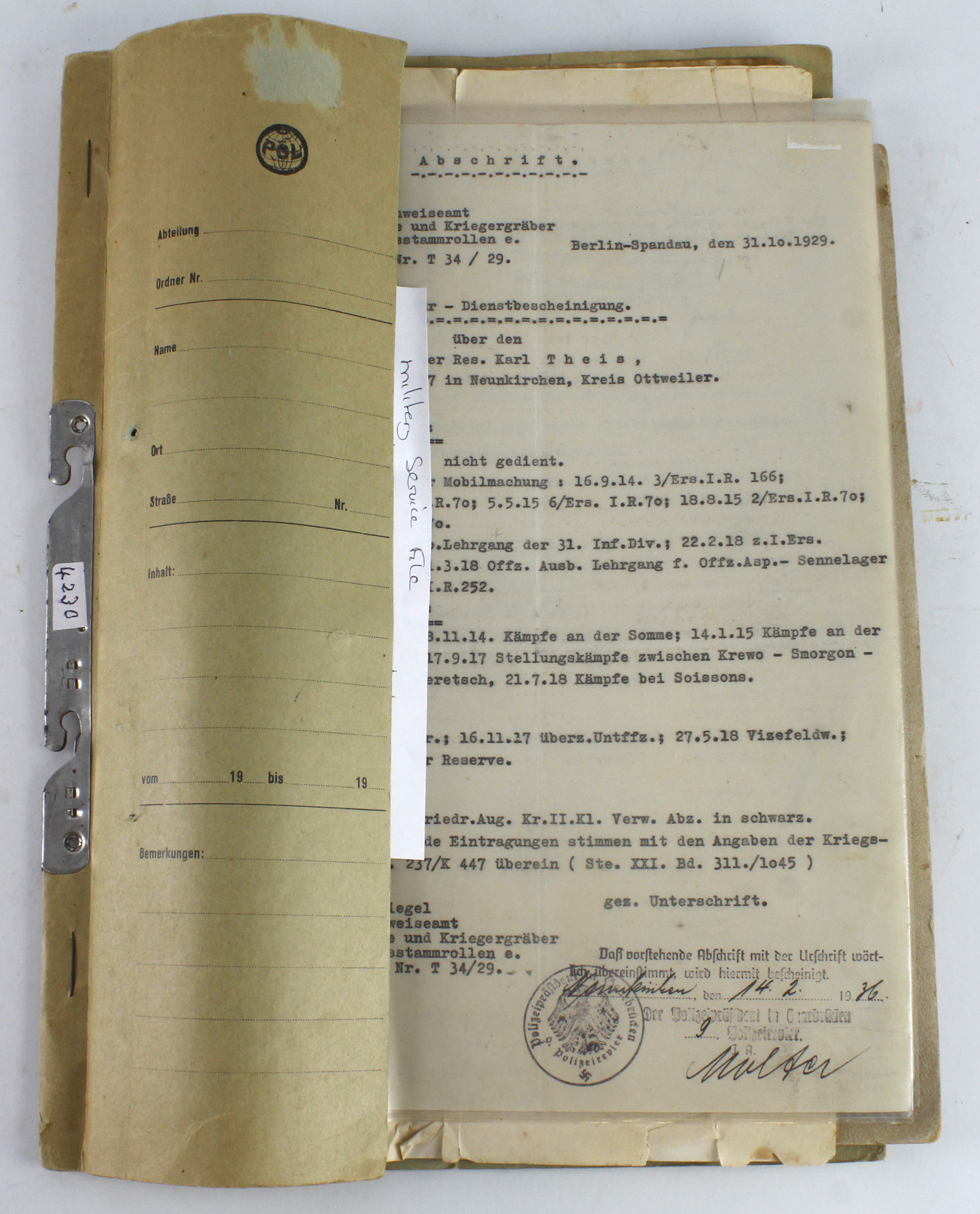 German WW1 service documents with group photo to Lieutenant Karl Theis served on the Somme and