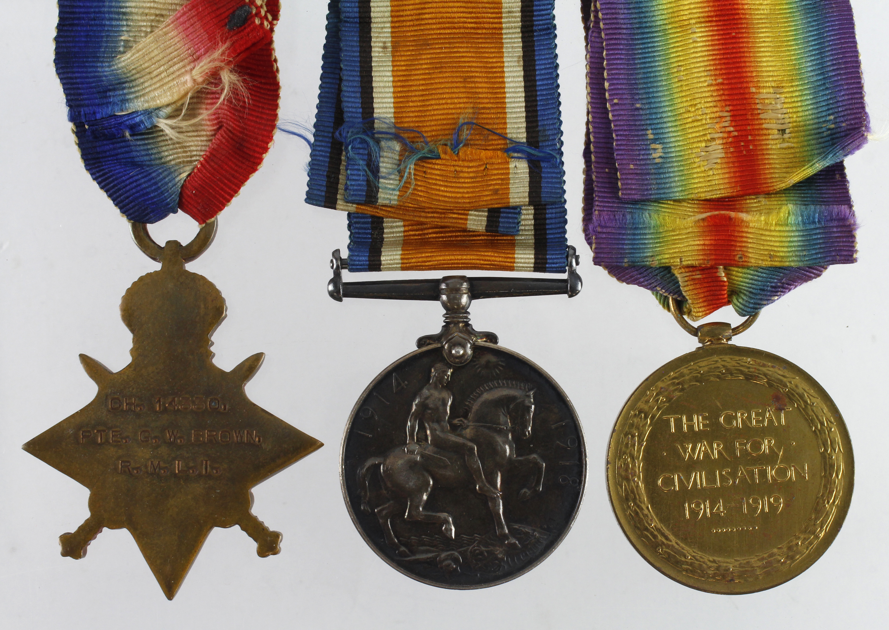 1915 Star Trio (CH.14330 Pte G W Brown RMLI) with copied research, born Walworth, London. (3) - Bild 2 aus 2