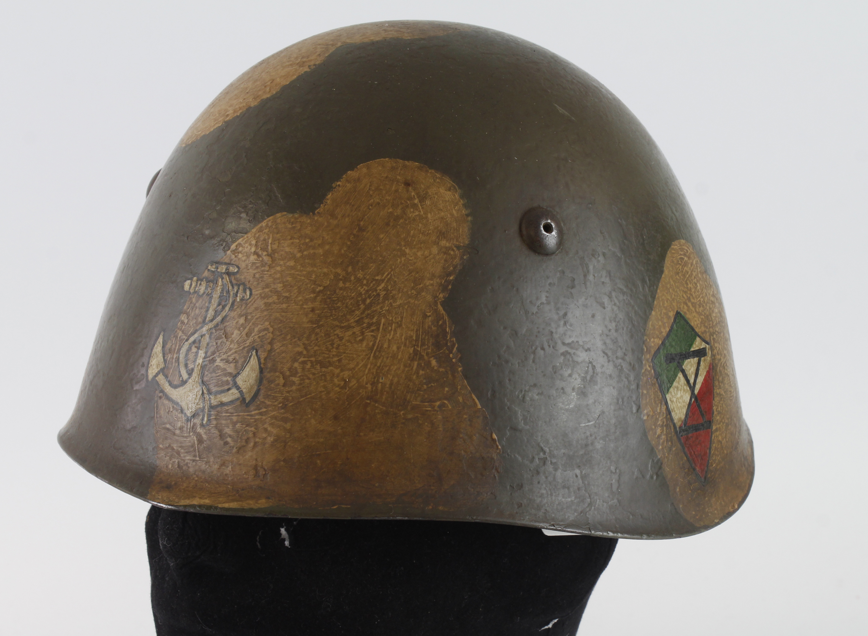 Italian WW2 steel combat helmet with camo paint and added Naval/Marine unit design for the Decima