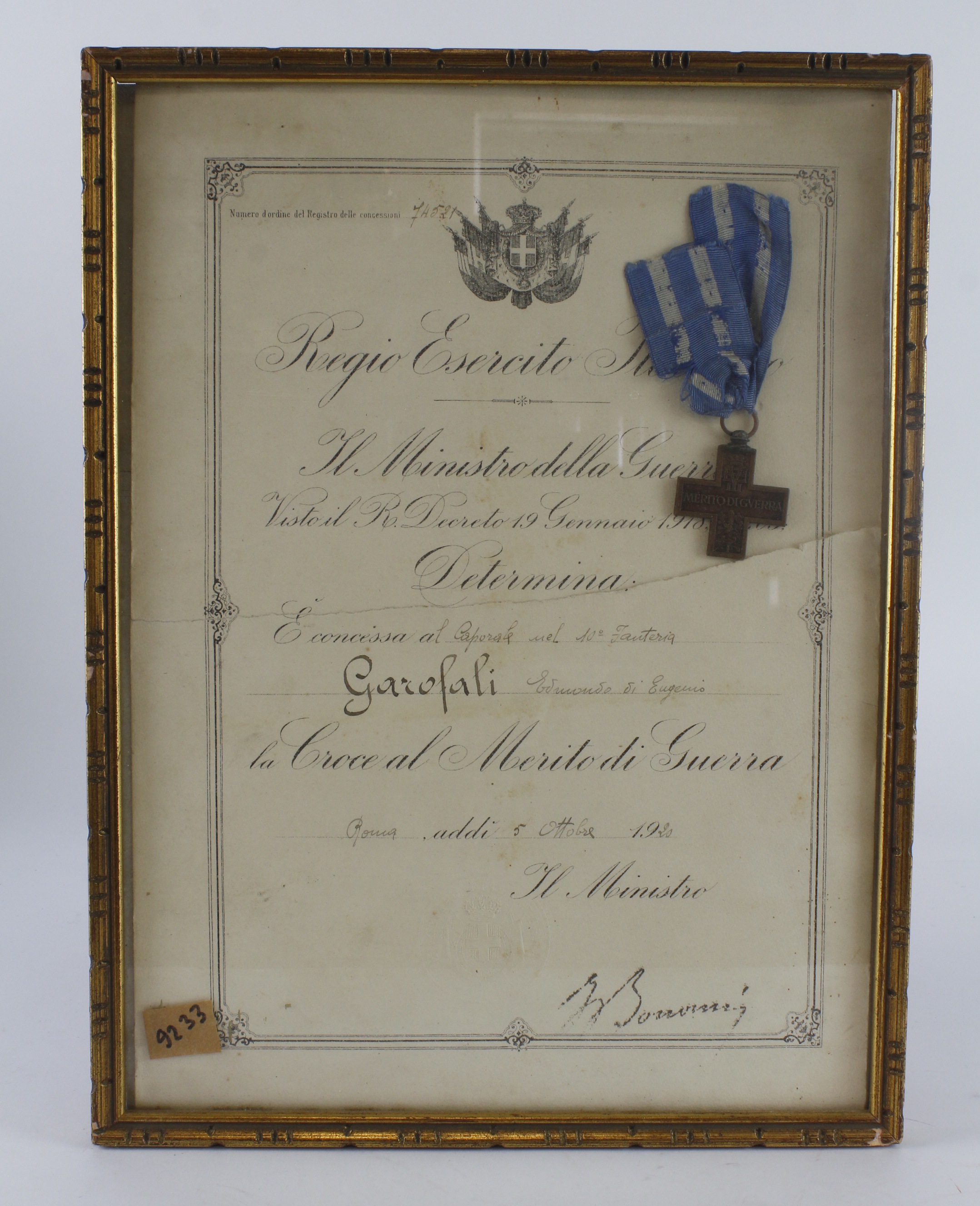 Italy an interesting Cross of Valour / Merit Cross for WW1, with certificate, relating to Caporal