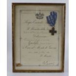 Italy an interesting Cross of Valour / Merit Cross for WW1, with certificate, relating to Caporal