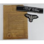 German SS Adolf Hitler cuff title with SS document and shoulder eagle.