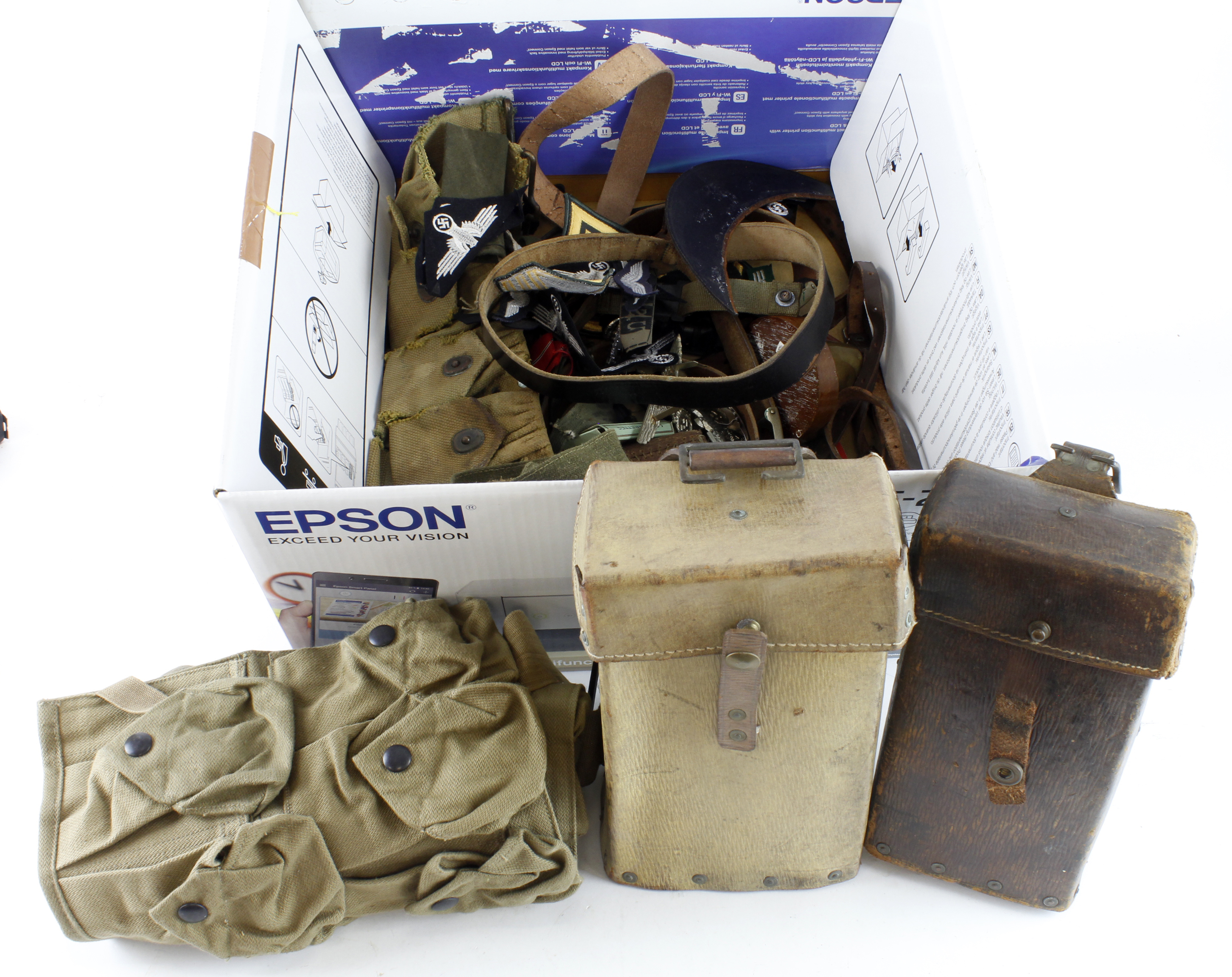 Box of Militaria including WW1 Springfield Bandolier, Map case, Grenade Vest, Pouches, loads of