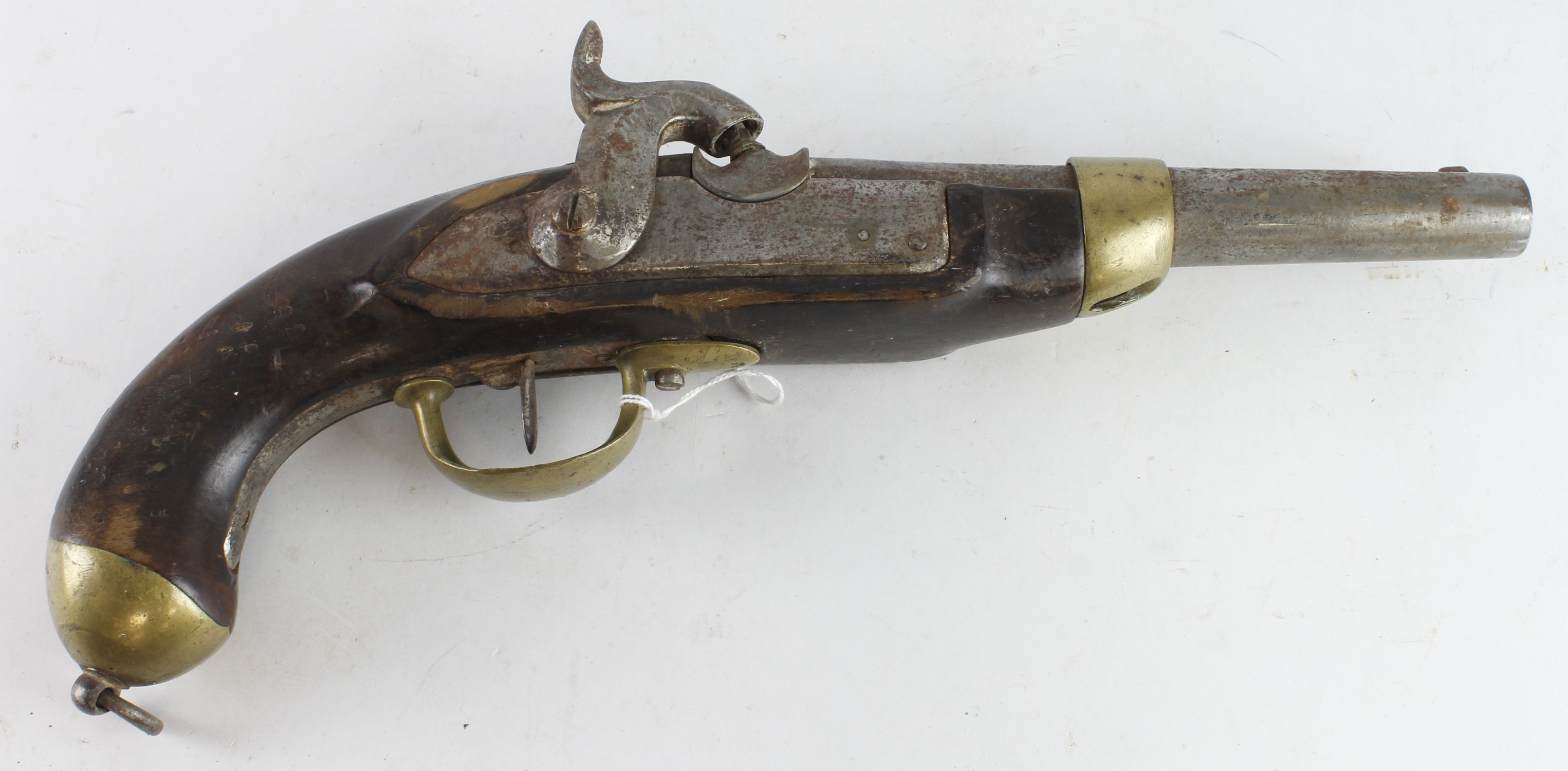 Single shot martial percussion pistol, probably a French M1822/1842. Round barrel 8", 13 Bore,