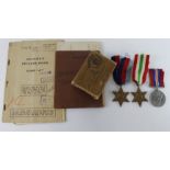 WW2 group 1939-45 Star, Italy Star, War Medal, named box of issue, Soldiers Service & Pay Book,