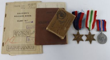 WW2 group 1939-45 Star, Italy Star, War Medal, named box of issue, Soldiers Service & Pay Book,