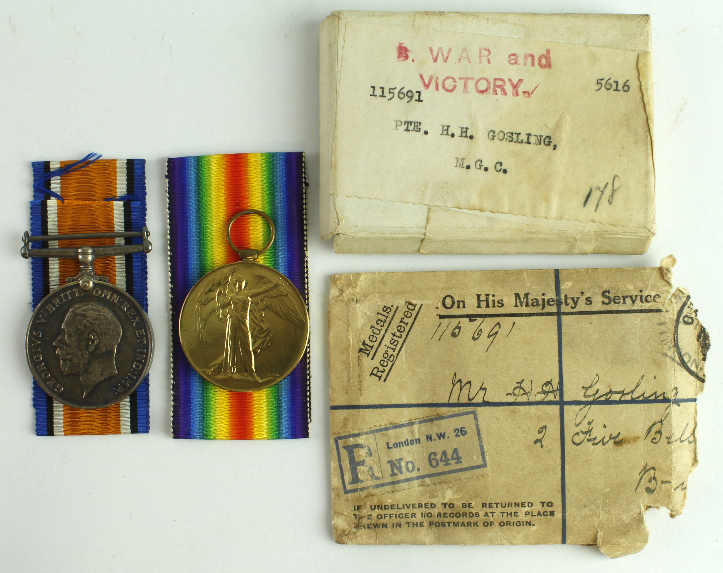 BWM & Victory Medal (115691 Pte H H Gosling MGC) with box and envelope. Died 1943 with an estate