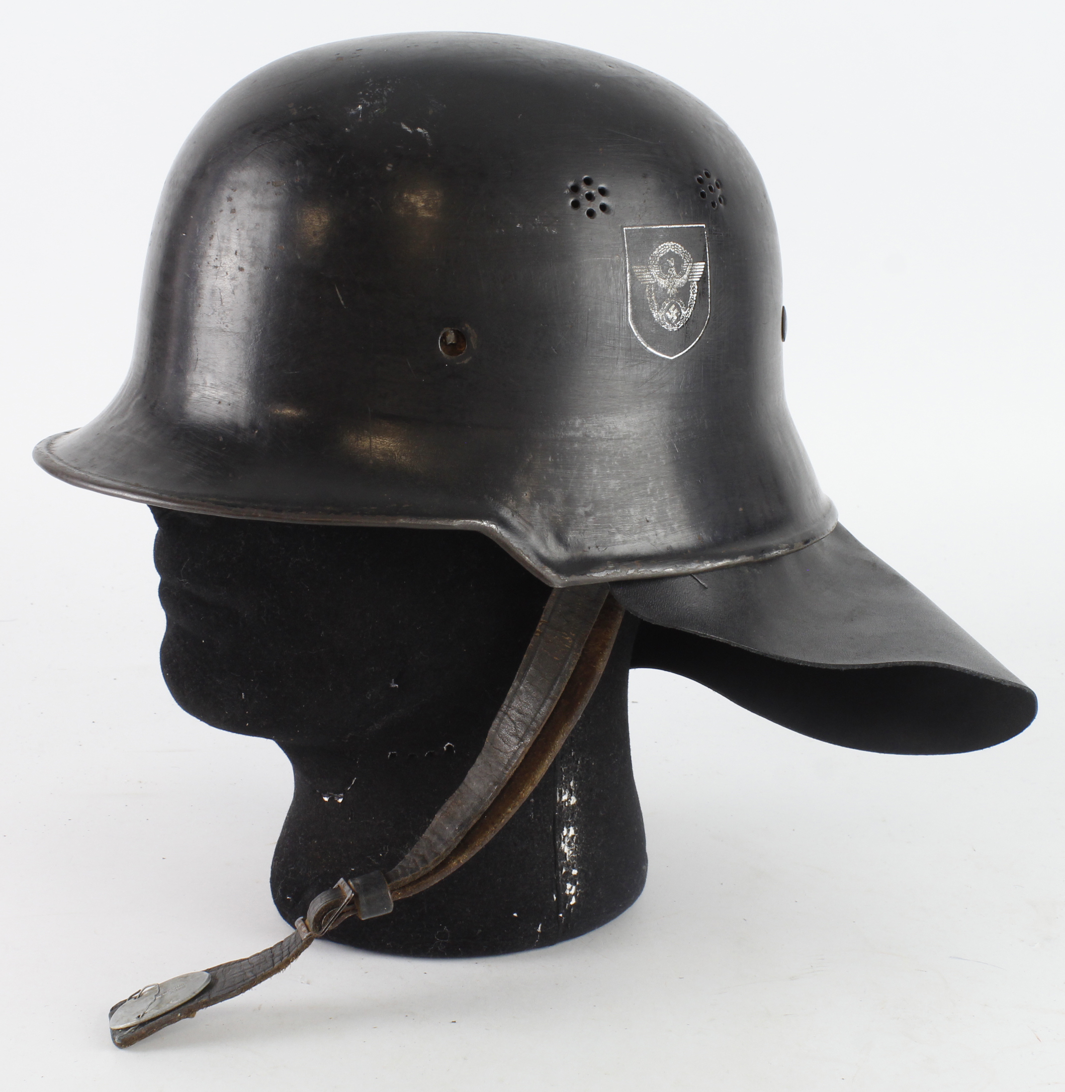 German Fire Police steel helmet with protective heat flap and chin strap a/f, double decals.