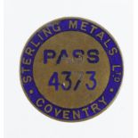 Badge - WW2 period (prob.) Sterling Metals Ltd, Coventry brass & enamel pass/badge numbered 4373,