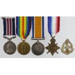Military Medal GV and 1915 Star (erased), BWM & Victory Medal for 13077 Pte W Whittaker 1st Bn E.