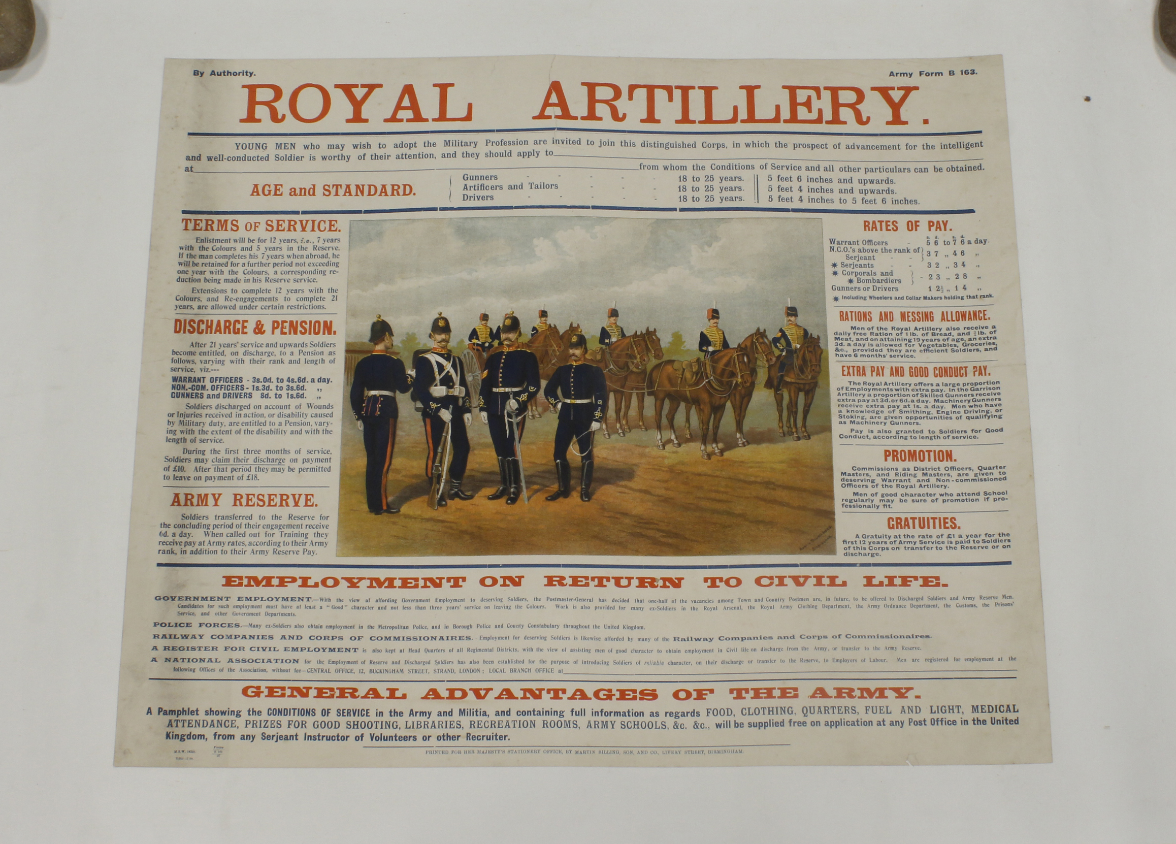 British Army Victorian original recruiting poster, Royal Artillery, July 1897, some age wear, but