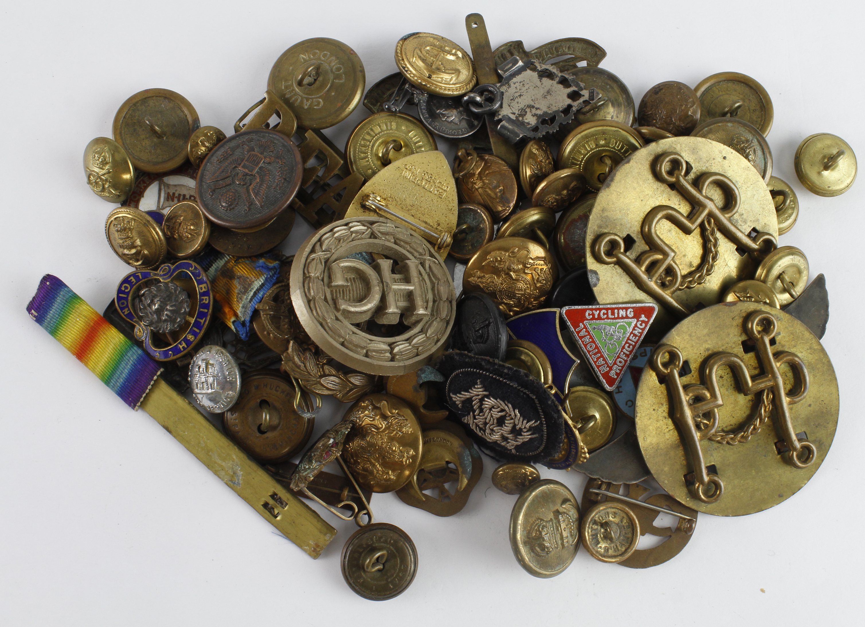 Shoebox of various old military buttons, pin badges, cap badges incl plastic HG, and a '