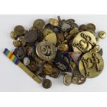 Shoebox of various old military buttons, pin badges, cap badges incl plastic HG, and a '