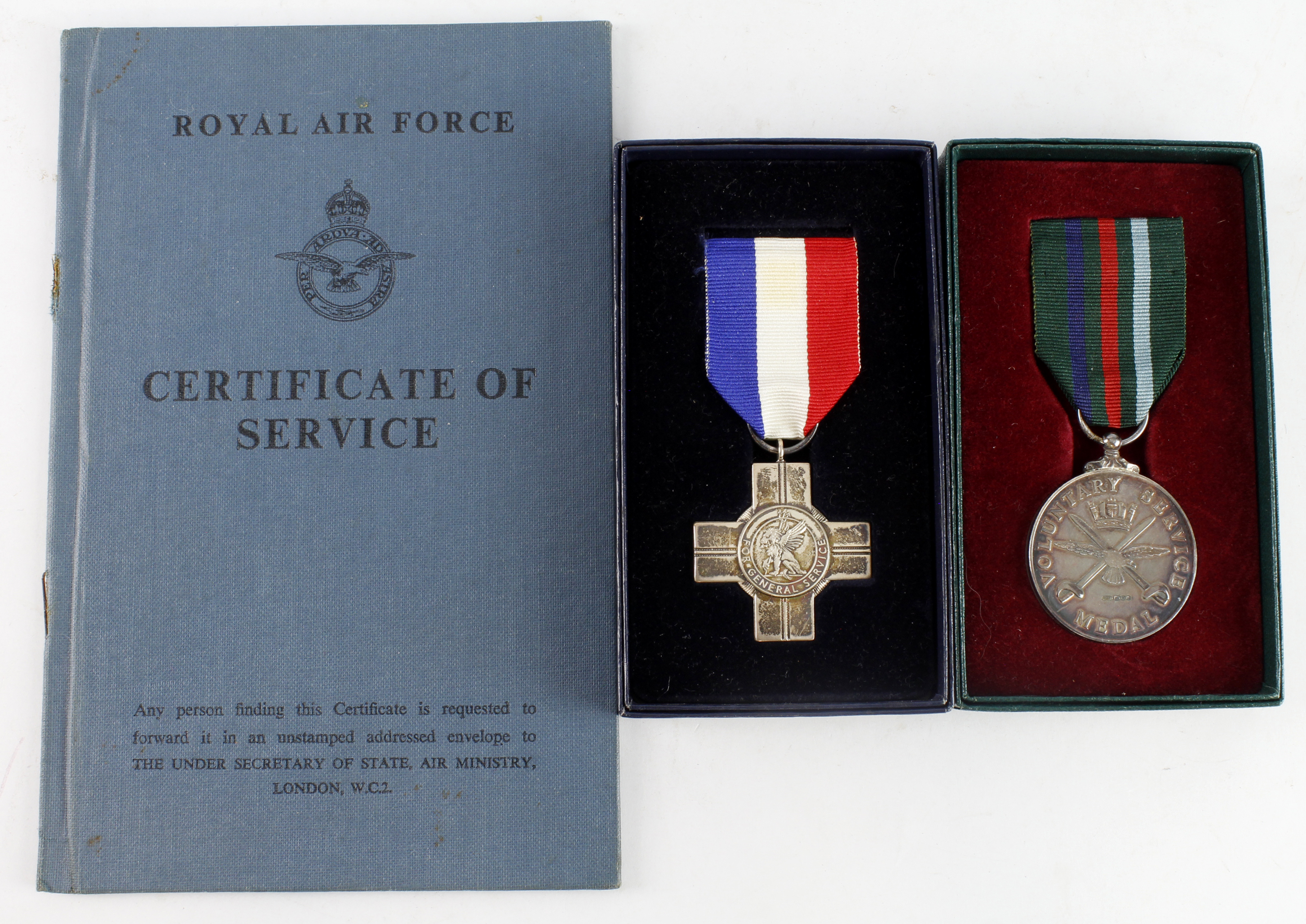 General Service Cross and Voluntary Service medal both in silver and in boxes of issue, named to