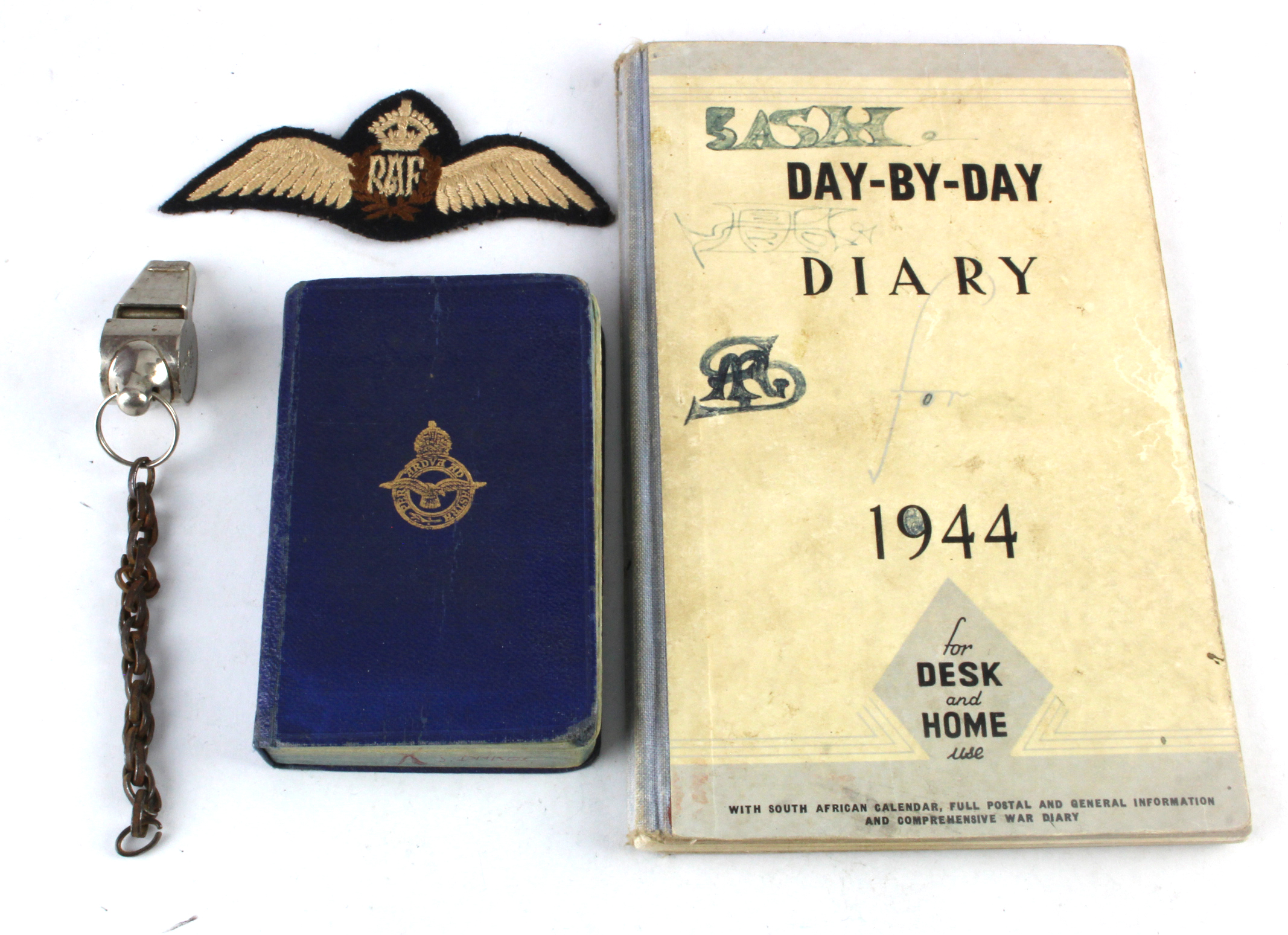 RAF WW2 original set of pilots wings with RAF AM air crew survival whistle with 1944 diary and bible