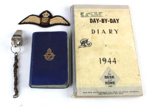 RAF WW2 original set of pilots wings with RAF AM air crew survival whistle with 1944 diary and bible