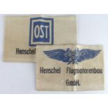 German armbands 2 different for the Henschel Flugmotoren works, one an Ost worker.