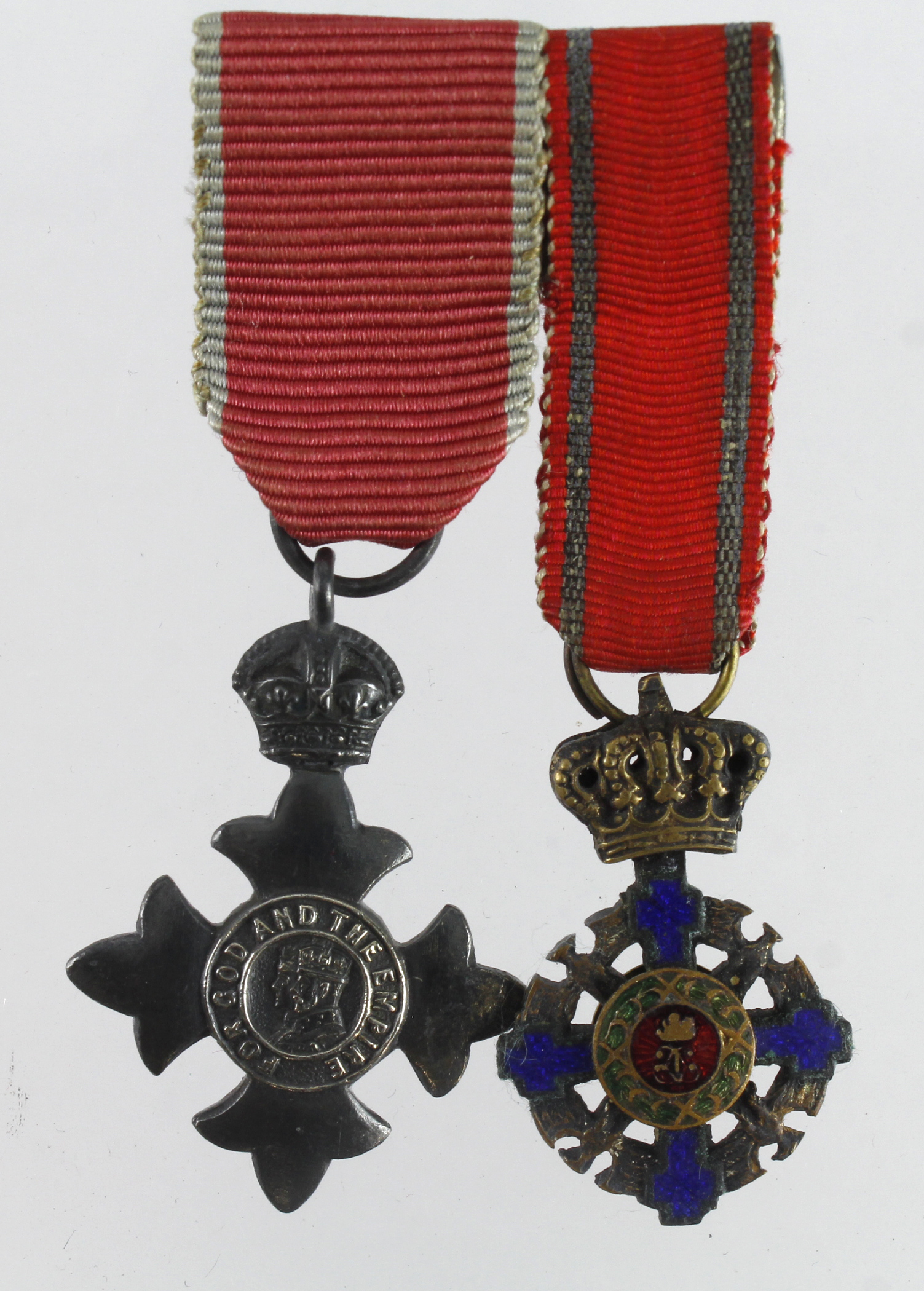 Minature Medal group mounted as worn - OBE (Civil) and Order of Commander of Romanian Star WW2