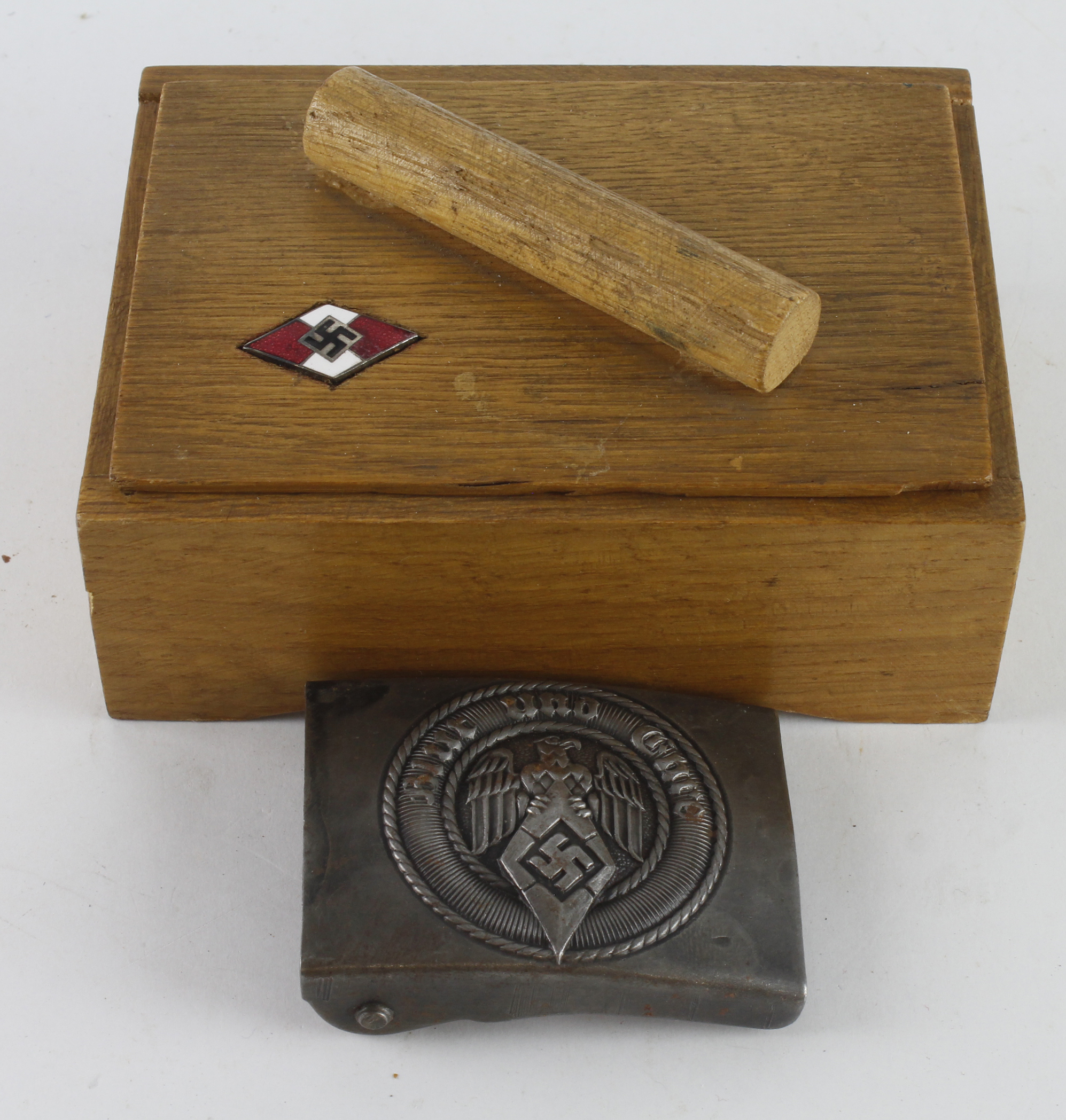 German HJ Hitler Youth a small wooden cigarette box containing an HJ belt buckle.