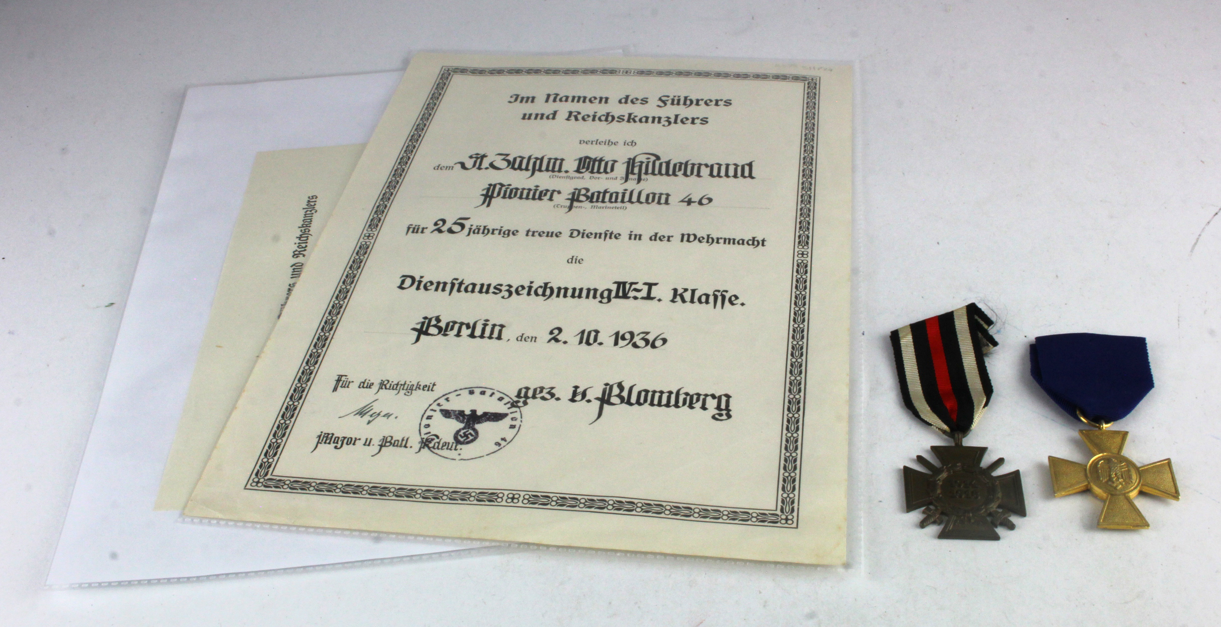 German WW2 25 Year Army Service medal and Cross of Honour medal both come with award scrolls to Otto