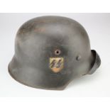 German M42 raw edge Combat helmet, single SS decal, ET64, 2407 number on rear skirt, complete with