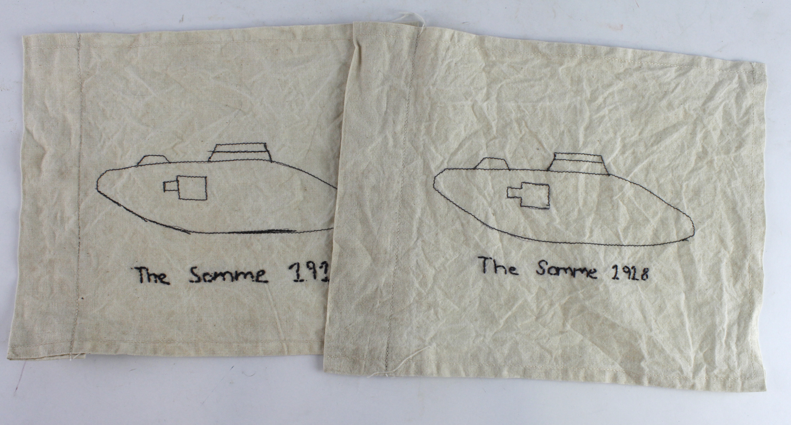 WW1 Tank "trench Art" two small hand made Flags, embroidered with a Tanks and 'The Somme 1918'. (2)
