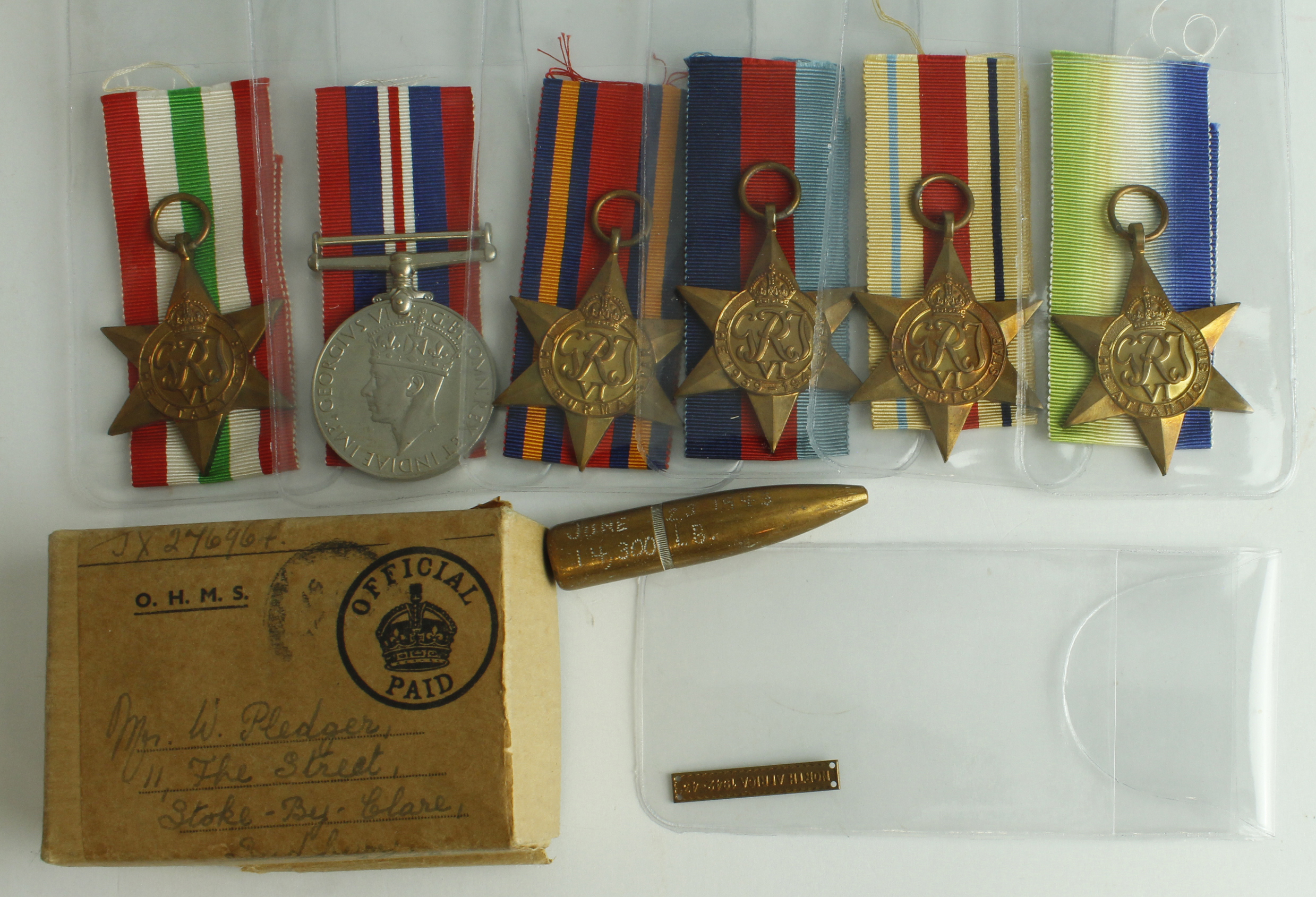 WW2 group for JX276964 W Pledger RN, lived Stoke-by-Clare, Sudbury, Suffolk. 1939-45 Star,