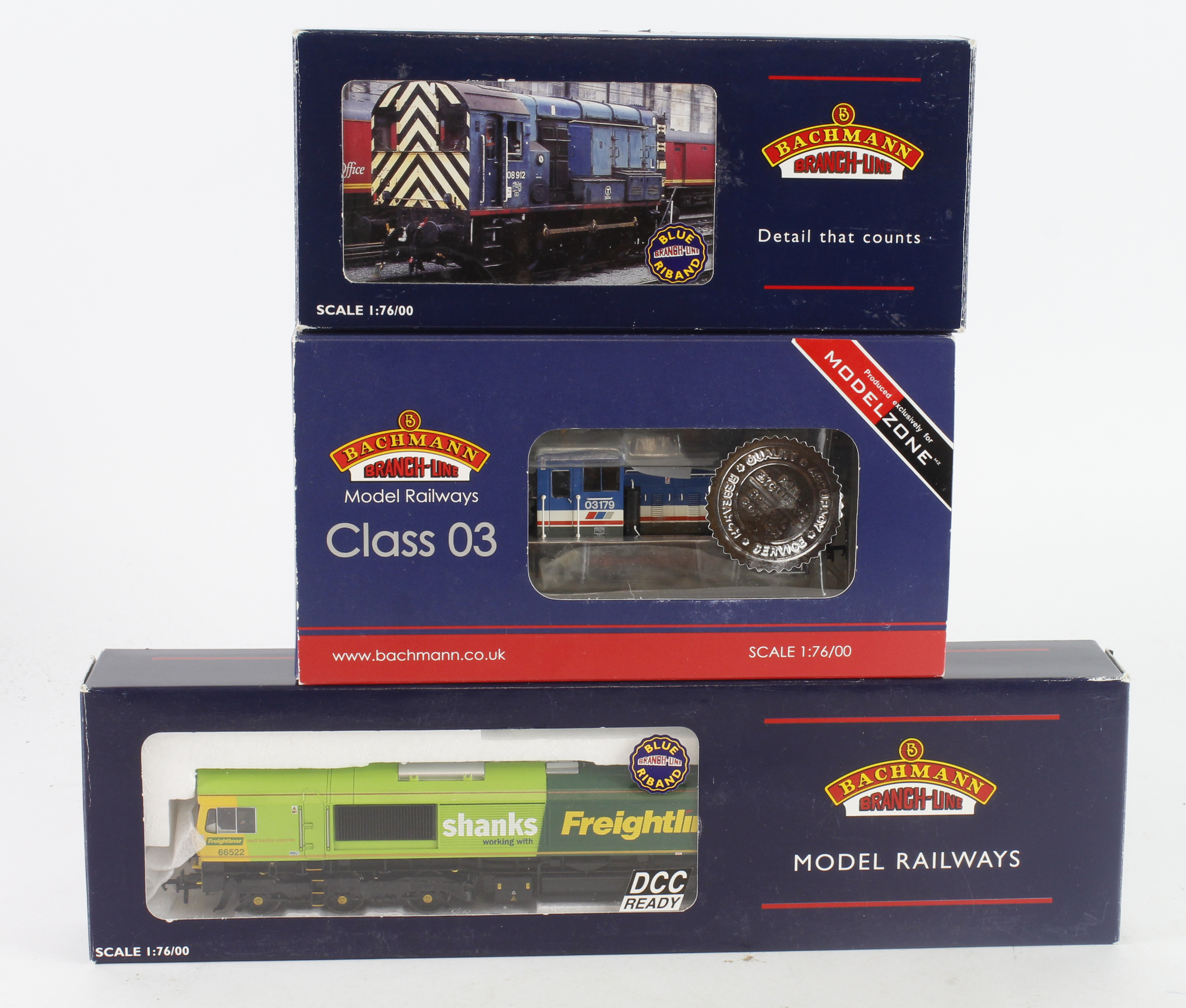Bachmann. Three boxed OO gauge Bachmann locomotives, comprising Class 03 Diesel Shunter 03179