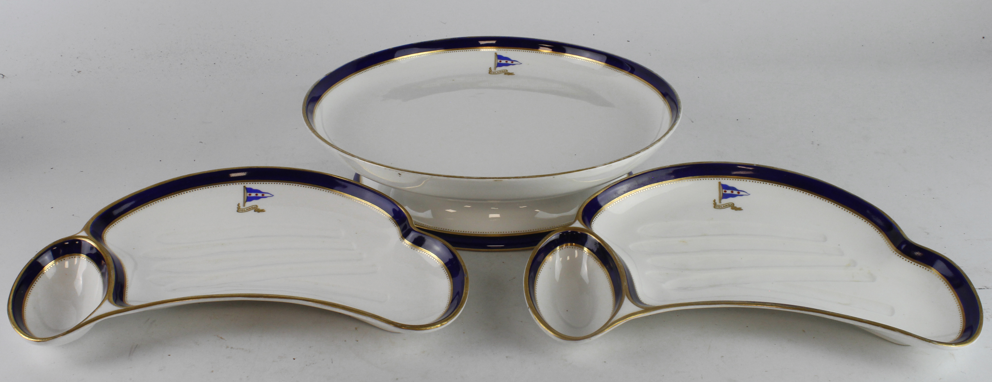 Royal Worcester pedestal serving plate and two kidney shaped asparagus plates, each with 'Iolanda'