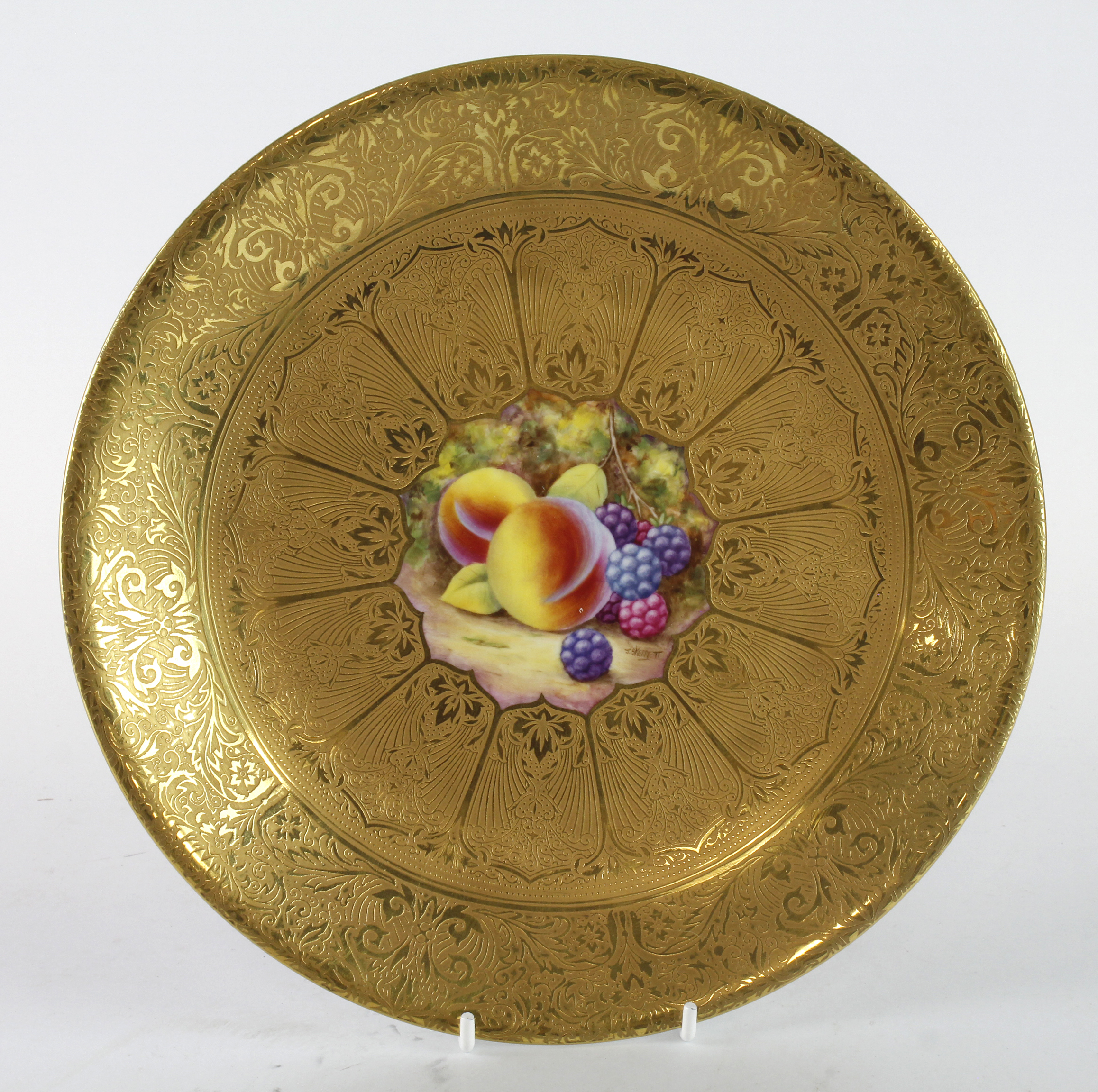 Royal Worcester cabinet plate, hand painted fruit decoration to centre, signed by J. Skerrett,